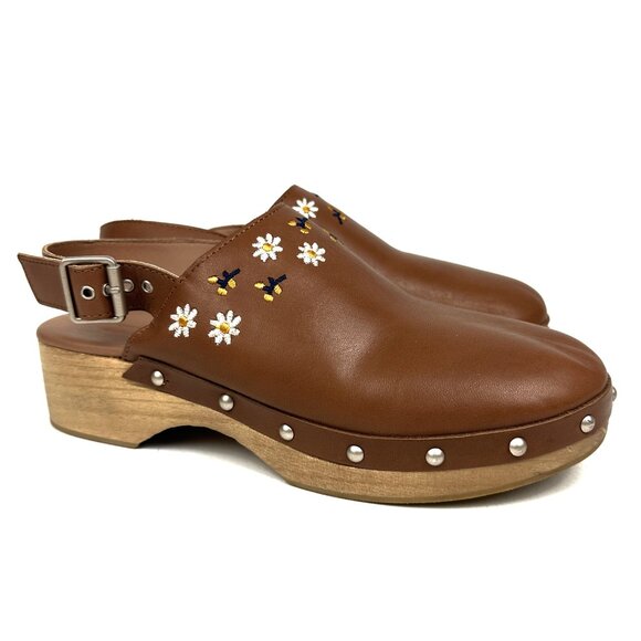 Zara Embroidered Leather and Wooden Clogs Brown Tan Size 38 7.5-8 - Picture 4 of 9